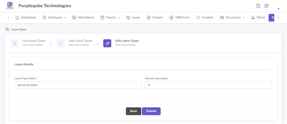 Edit Leave Types form with pre-filled leave type details